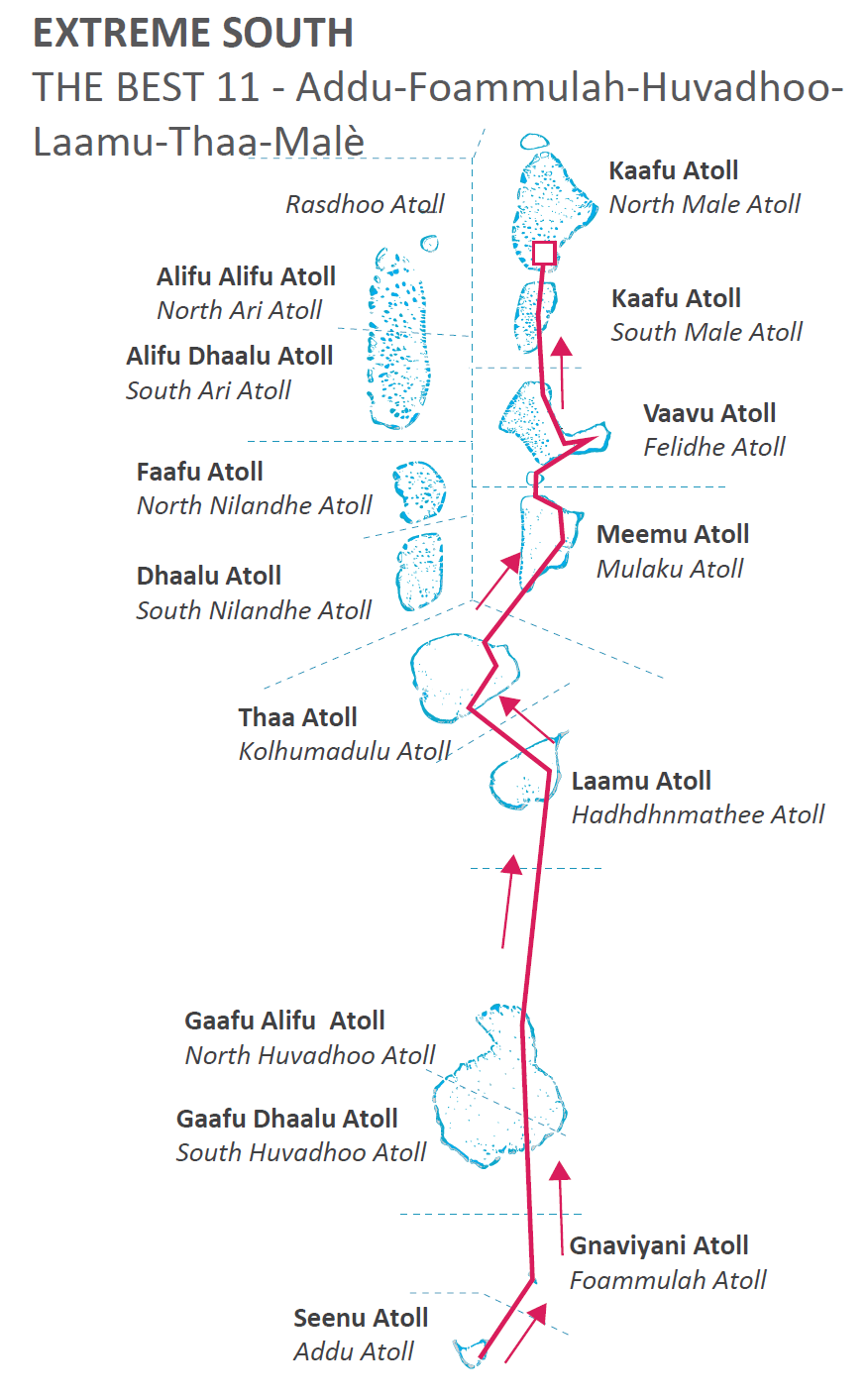 “ THE BEST 11”from the EXTREME SOUTH to MALE’ in 2 weeks (Addu-Fuvahmulah-Huvadhoo-Laamu-Thaa- Meemu- Vattaru -Felidhoo -Malè south&north)