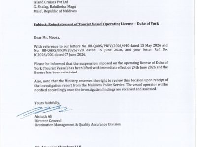 Reinstatement of Tourist Vessel Operating License – Duke of York